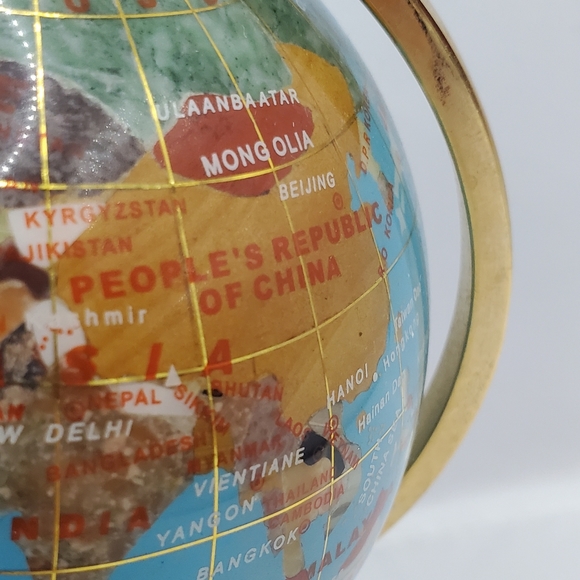 Semi-Precious Gemstone Globe 8" Stand Inlaid Brass Blue And Golden , VINTAGE - Picture 9 of 14
